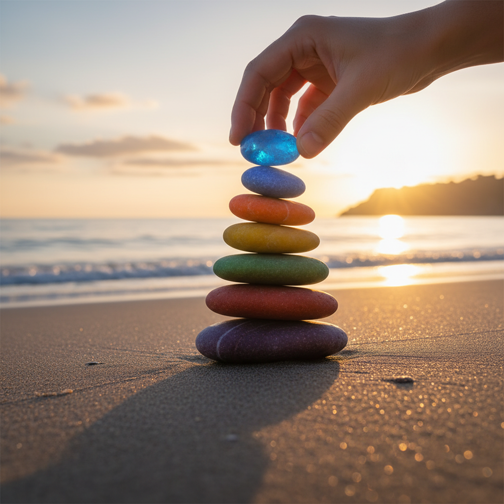 A person building a small stack of colorful, smoot