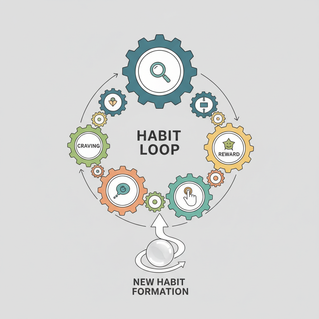 A minimalist and clean visual representation of the 'habit loop' - cue, craving, response, reward - with gears and interconnected elements, illustrating how new habits are formed in a logical, cyclical way.
