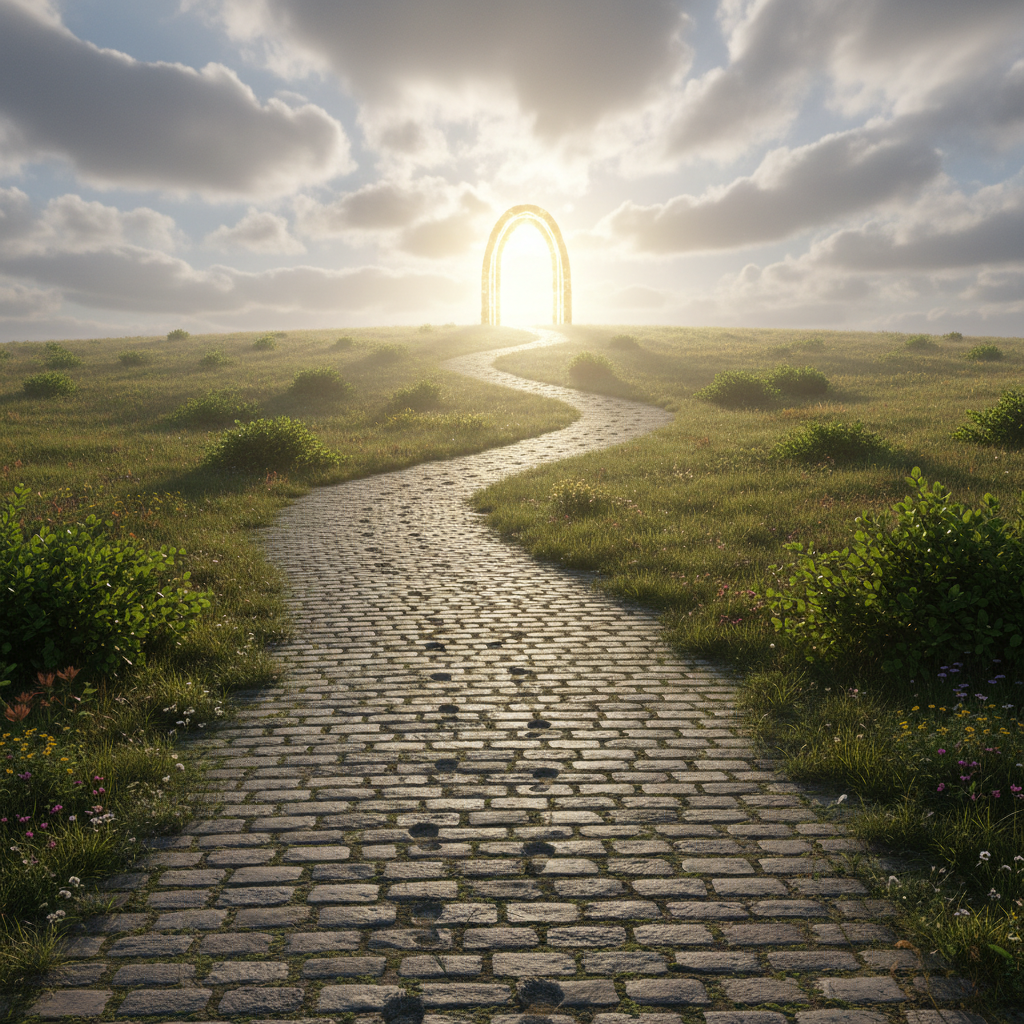 A winding path or a staircase ascending a gentle hill, with small, consistent footsteps marked along the way, leading towards a bright, distant goal, emphasizing perseverance and the power of small, consistent steps over time. Cloudy sky with a ray of sun breaking through.