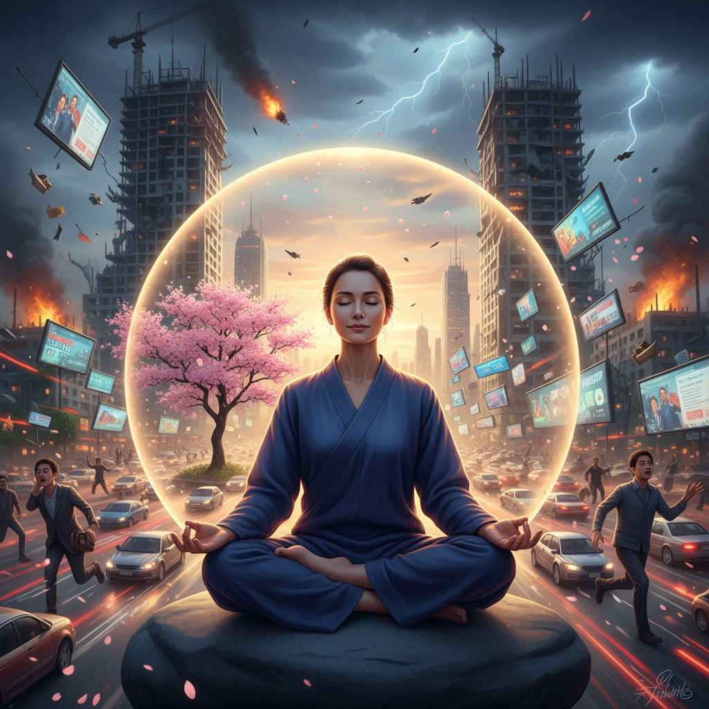 A person meditating calmly amidst a chaotic backgr