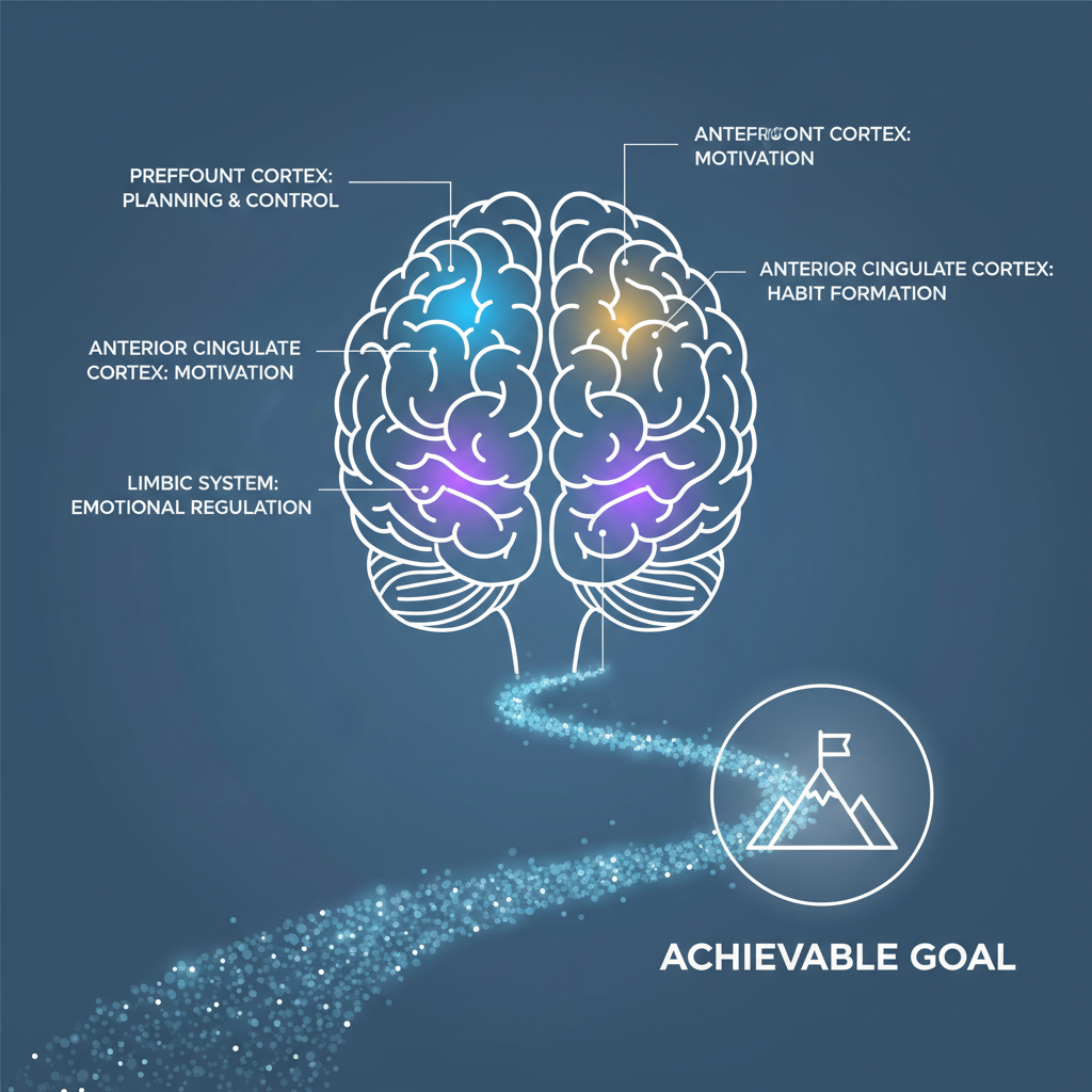 A graphic illustration showing a brain with different areas lighting up, representing willpower and self-regulation, with a path leading to a clear, achievable goal. Abstract, clean, professional style.