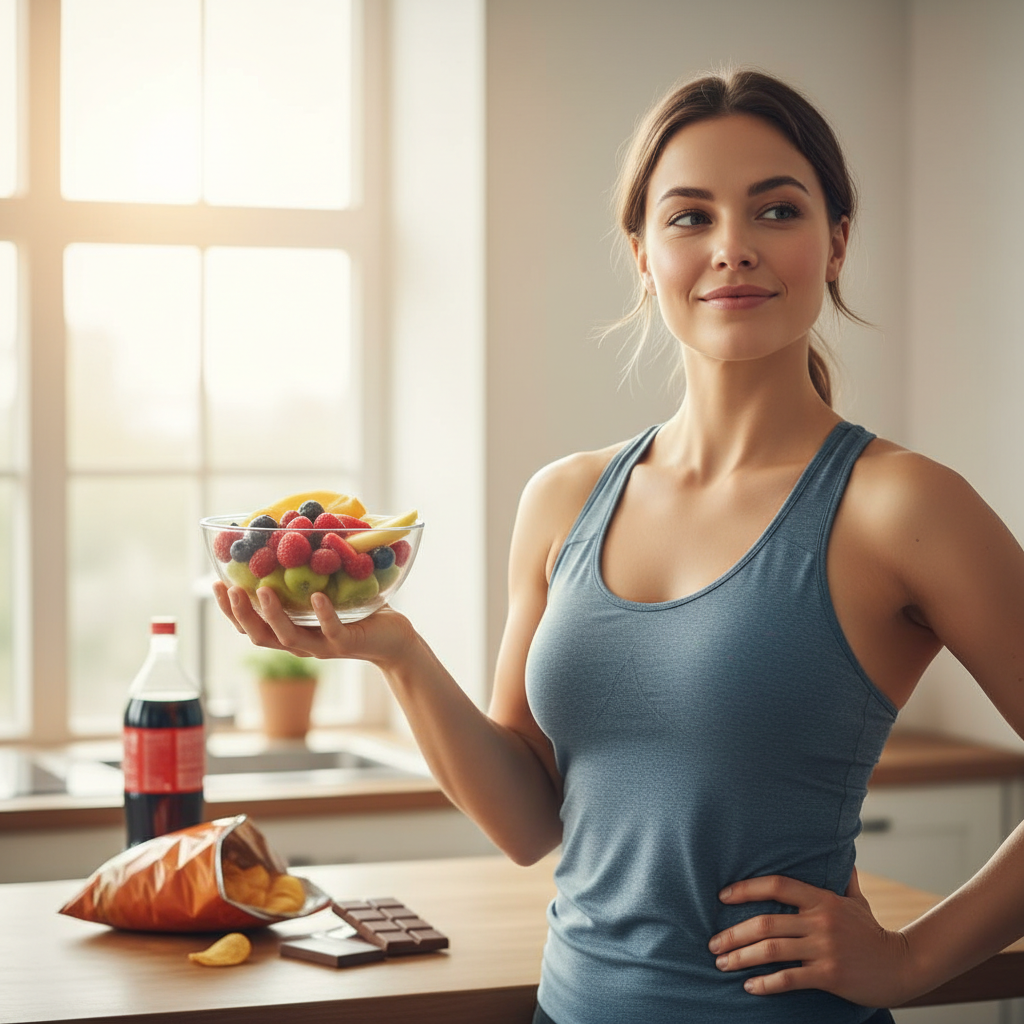 A person successfully resisting a temptation (e.g., reaching for a healthy snack instead of junk food) or making a conscious choice towards a long-term goal, showing determination and inner strength. Focus on the positive outcome and mental fortitude.