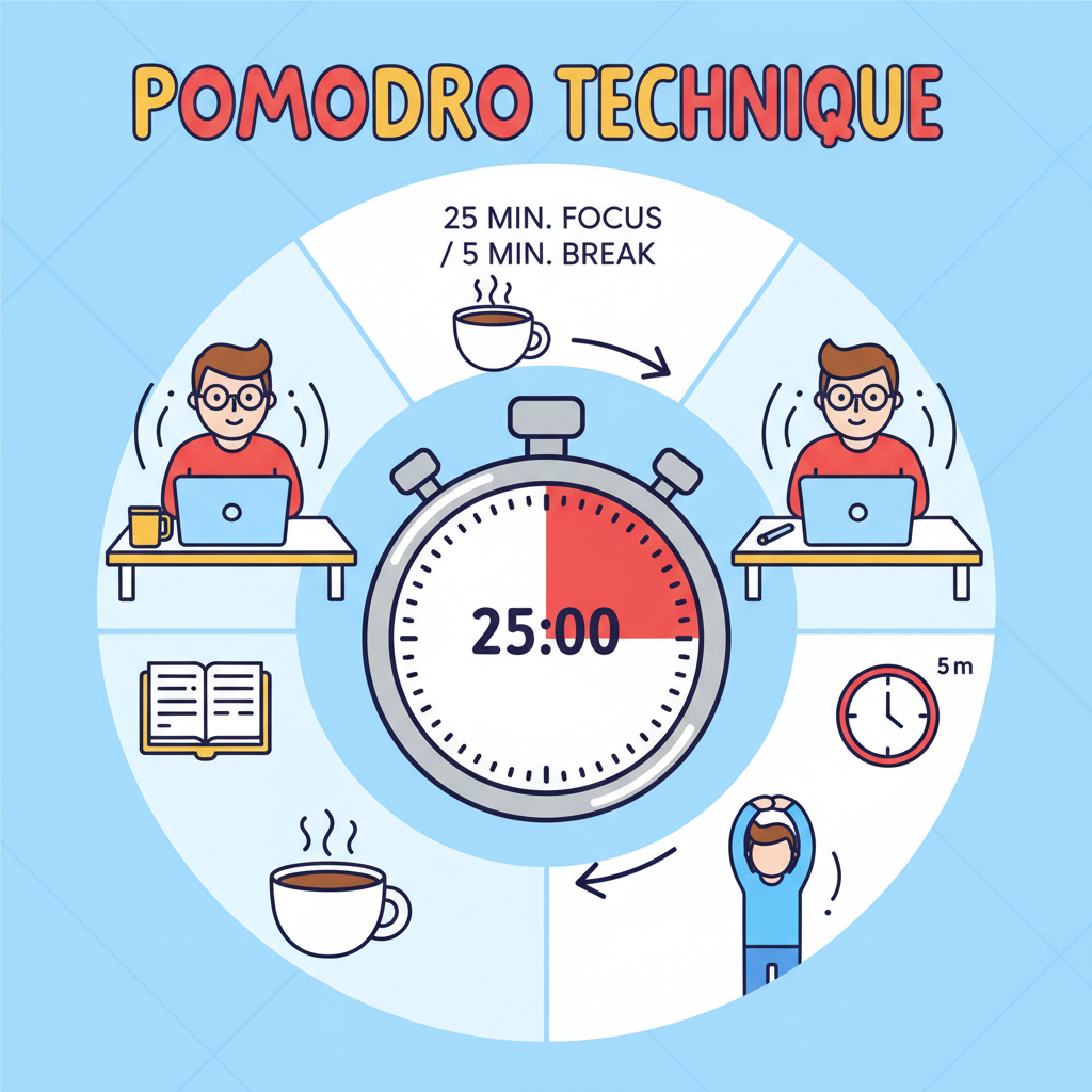 A visual representation of the Pomodoro Technique: a timer set for 25 minutes, surrounded by a focused person working at a desk, with a short break indicated by a coffee cup or a stretching figure, illustrating structured work intervals. Bright and clear, infographic style.