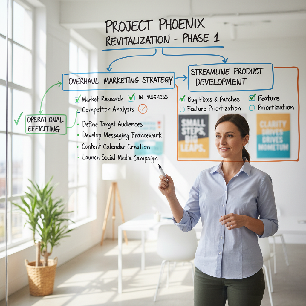 A person meticulously organizing a complex task into smaller, manageable steps on a whiteboard or a digital task manager, with checkmarks next to completed items, conveying a sense of clarity and progress in overcoming overwhelming projects. Clean, modern, and motivating aesthetic.