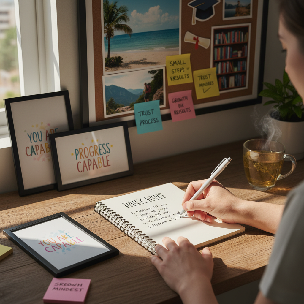 A person meticulously writing down small, achievable goals in a notebook, surrounded by positive affirmations or a vision board, illustrating the power of setting clear, manageable objectives. Soft lighting, focused atmosphere.