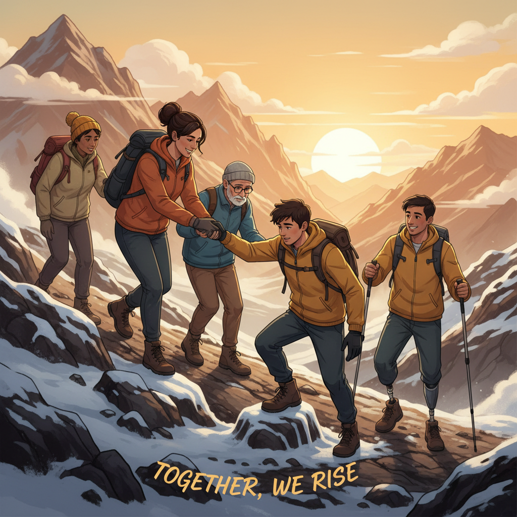 A group of diverse individuals supporting each other, perhaps with one person offering a hand to another, in a challenging environment. Emphasizing the importance of a strong support network and community. Warm, encouraging tones.