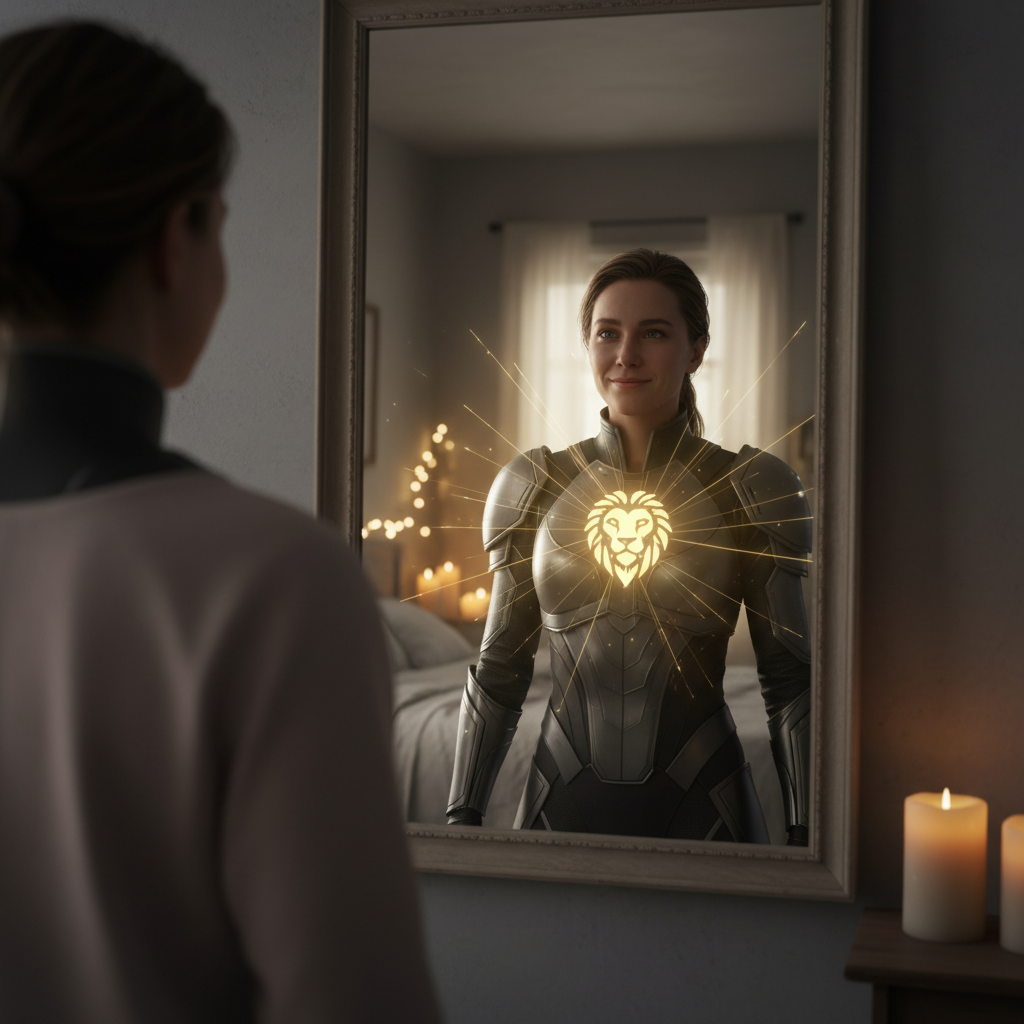 A person looking at their reflection in a mirror, not seeing flaws but a confident, strong version of themselves. The mirror reflects a radiant, self-assured individual, perhaps with subtle glowing lines emanating from them, representing inner strength.