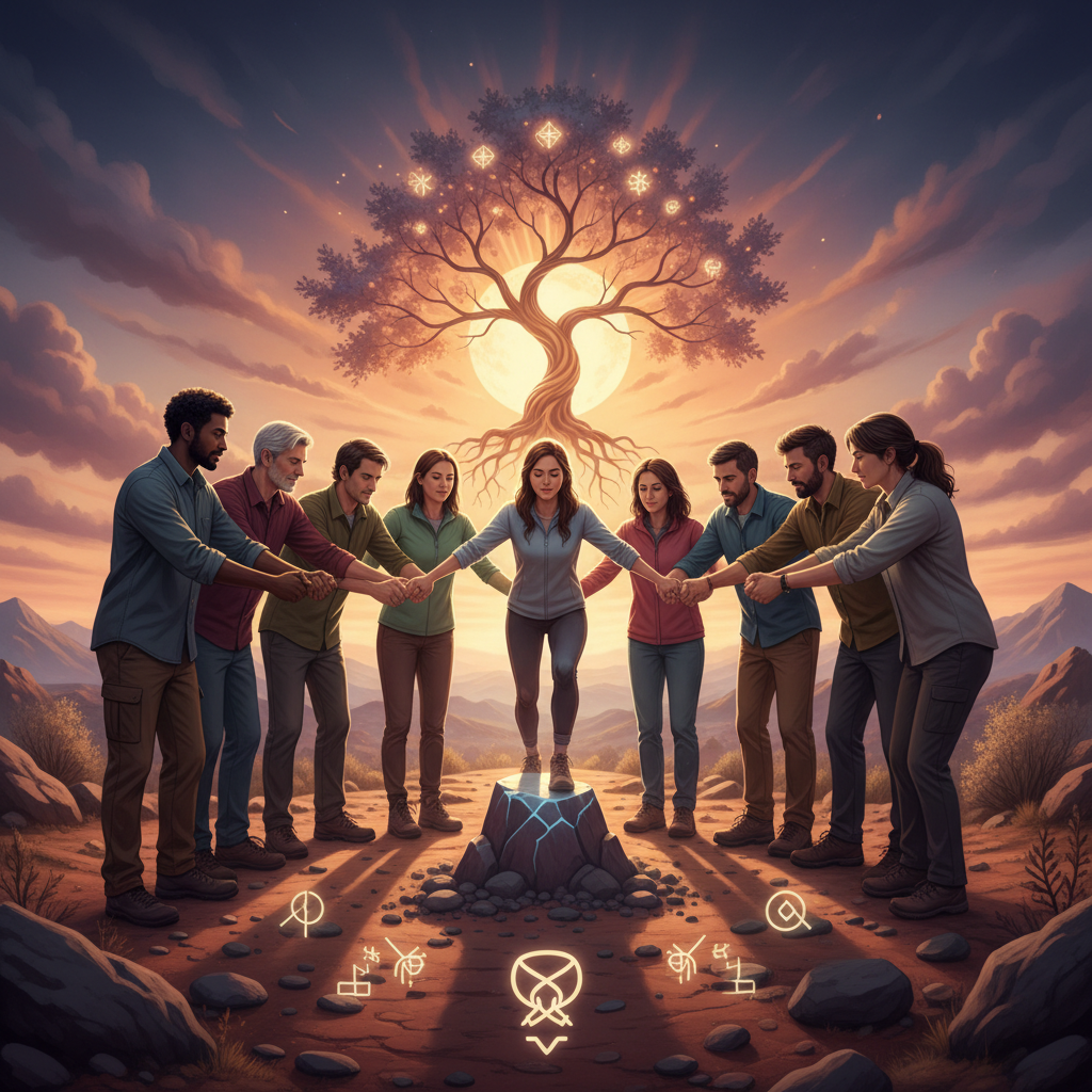 A diverse group of people supporting each other, forming a human chain or a supportive circle, with one person in the center overcoming an obstacle, symbolizing collective inner strength and resilience through community.