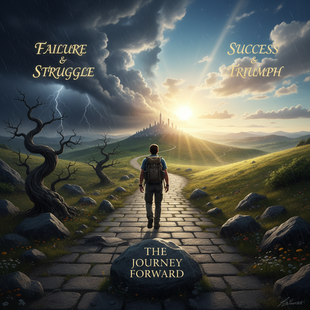 A path winding through a challenging landscape, tr