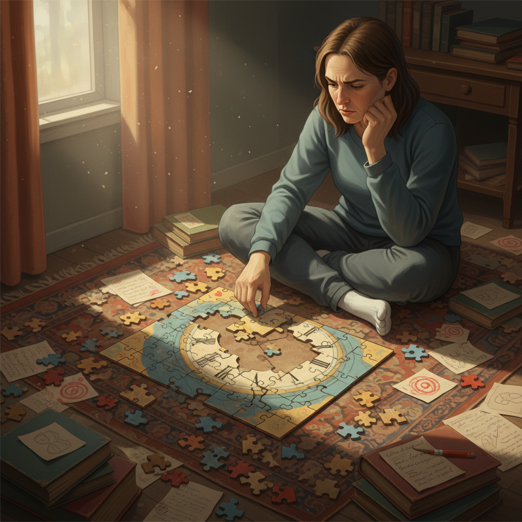 A person sitting amidst scattered puzzle pieces, deep in thought, with some pieces starting to fit together, symbolizing analysis, reflection, and learning from past mistakes.