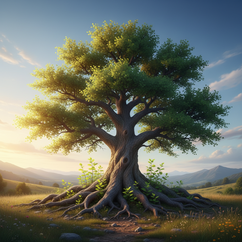 A strong, vibrant tree with deep roots, standing firm against a gentle breeze, representing resilience, growth, and mental strength, with new sprouts emerging.