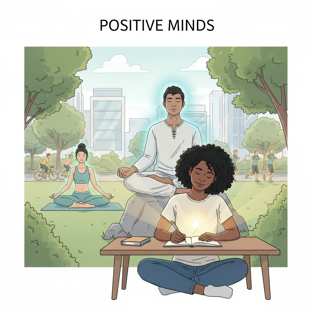 A diverse group of people engaging in various activities that promote positive thinking: one person journaling, another meditating, someone else exercising outdoors, all with subtle glows of positive energy around them, in a modern, clean art style.