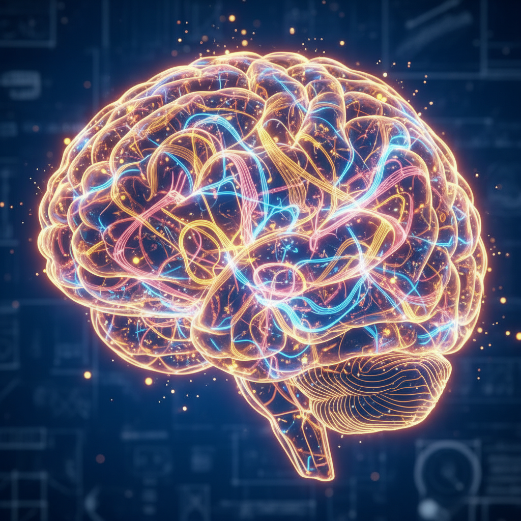 A visual representation of the brain's neural pathways lighting up and connecting when positive thoughts occur, with abstract, flowing lines and bright, optimistic colors against a subtle, scientific background.