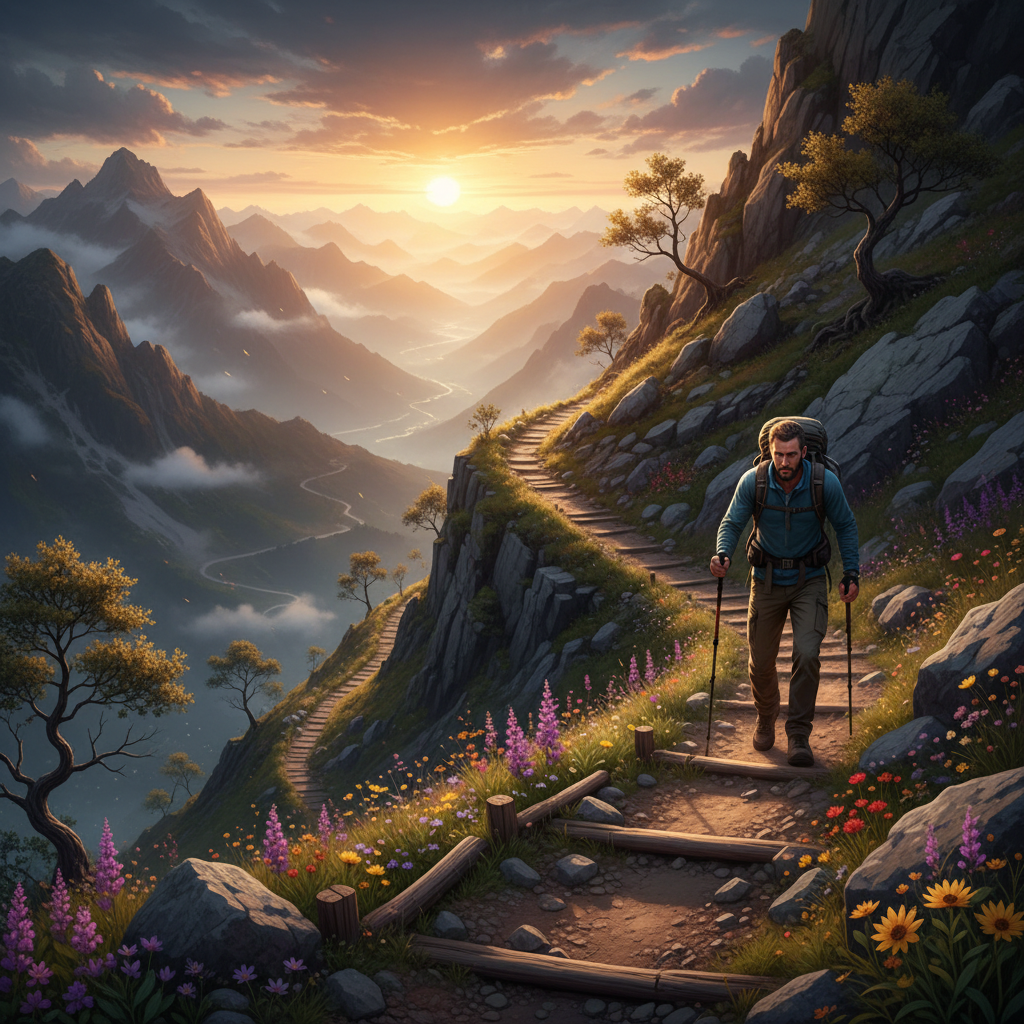 A winding path leading up a mountain, with a person confidently walking towards the summit. The path is challenging but beautiful, representing overcoming obstacles and the journey of continuous personal improvement, with a sunrise in the background.