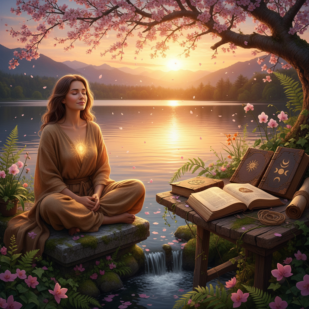 A person with a serene expression meditating at su