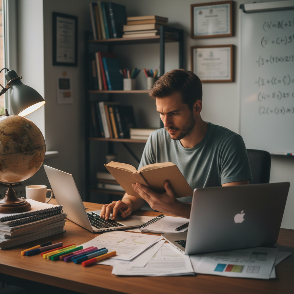 A person reading a book and using a laptop with a focused expression, surrounded by various learning materials like notebooks, pens, and perhaps a globe, illustrating the concept of continuous learning and skill acquisition.