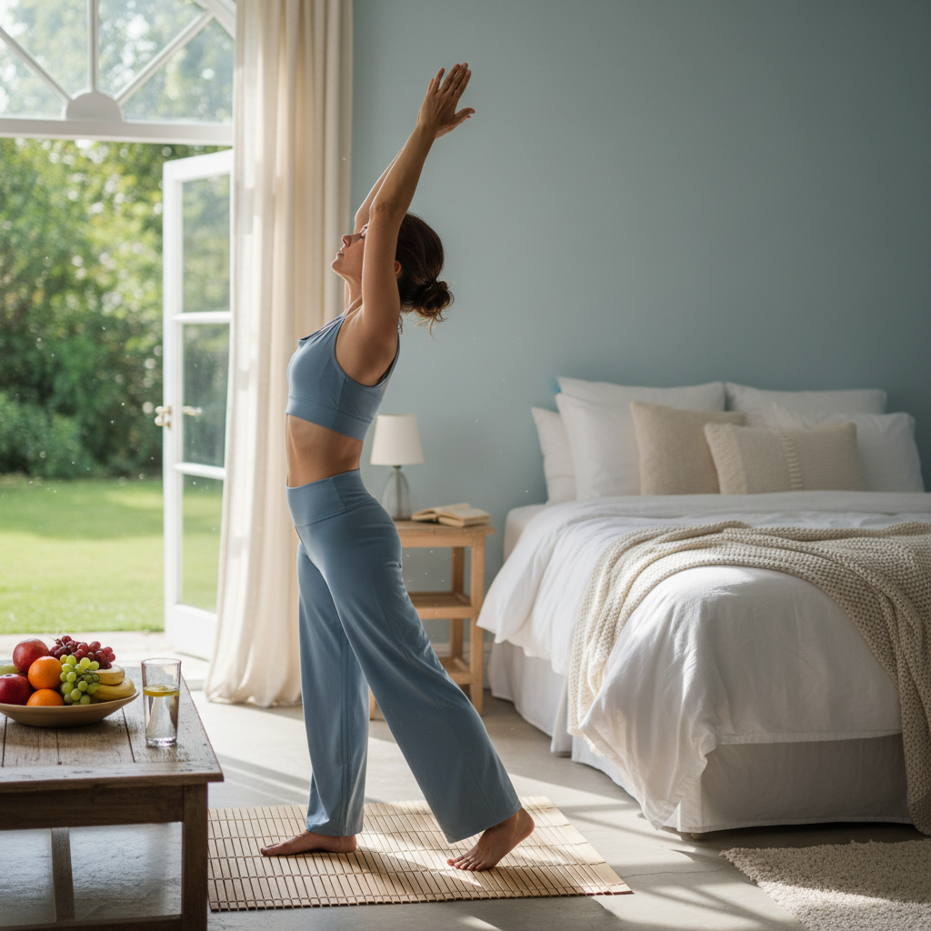 A person engaged in a light exercise, like stretching or yoga, by a window with natural light, alongside elements representing healthy eating (fruits) and good sleep (a comfortable bed in the background), depicting a holistic approach to physical well-being.