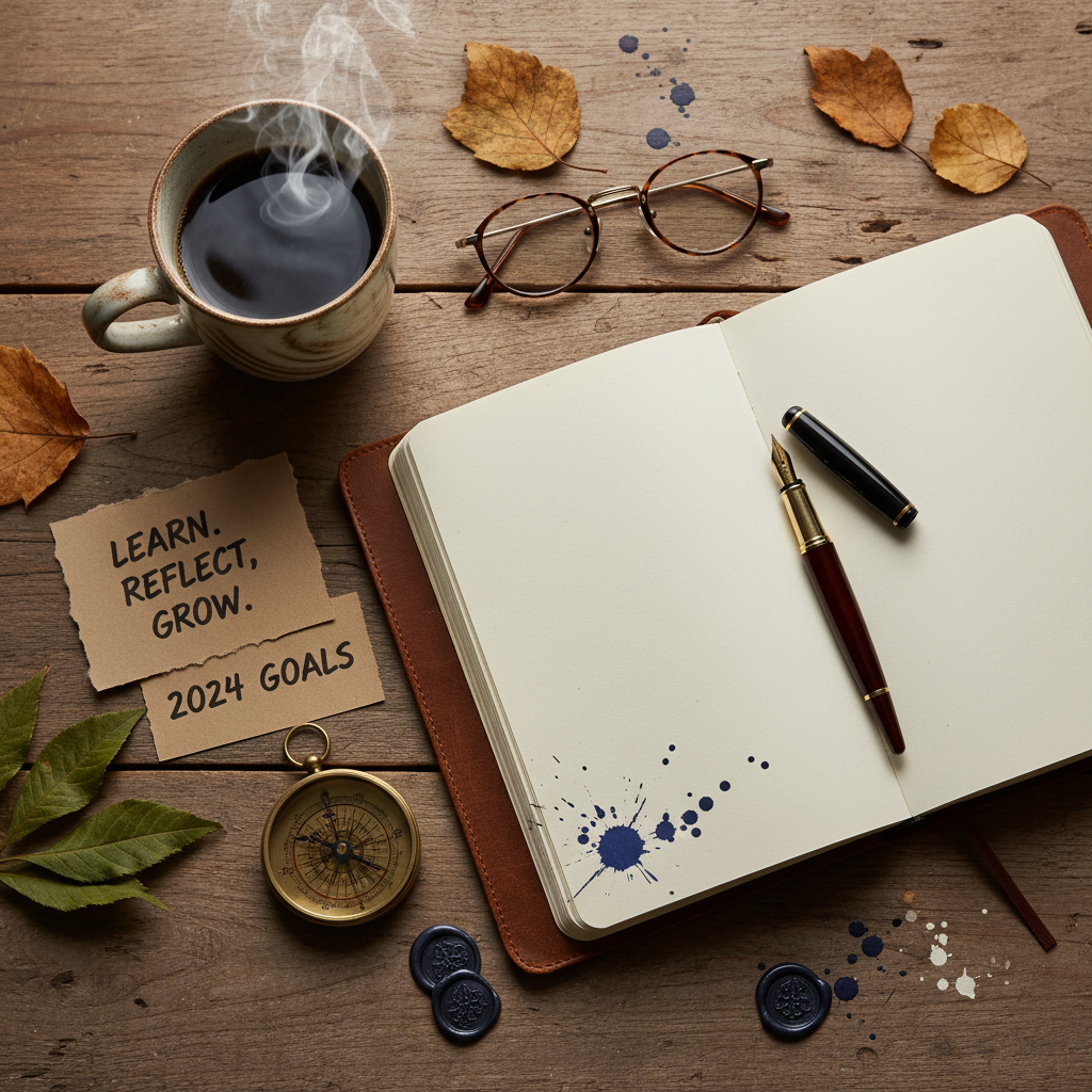 An aesthetically pleasing flat lay image showing an open leather-bound journal, a fountain pen, a cup of steaming coffee, and a pair of reading glasses on a rustic wooden desk, symbolizing learning, journaling, and thoughtful goal-setting in a cozy, inspiring atmosphere.