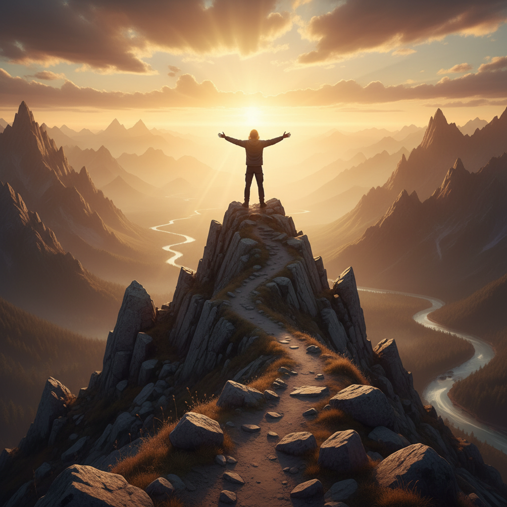 A person standing confidently on a mountain peak,