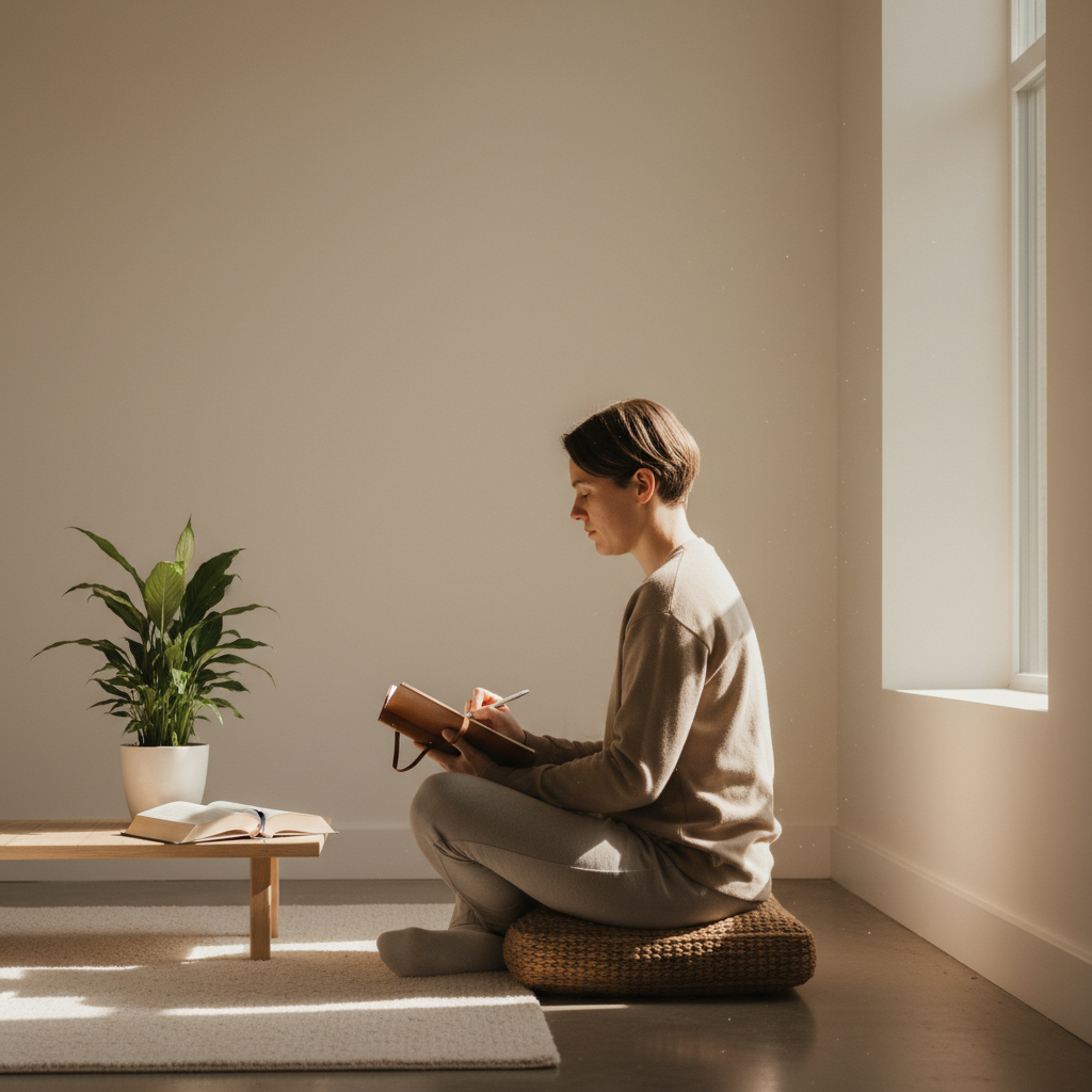 A person journaling or meditating in a calm, minimalist space, surrounded by elements of personal growth like a small green plant, an open book, and soft light, illustrating introspection and self-reflection.