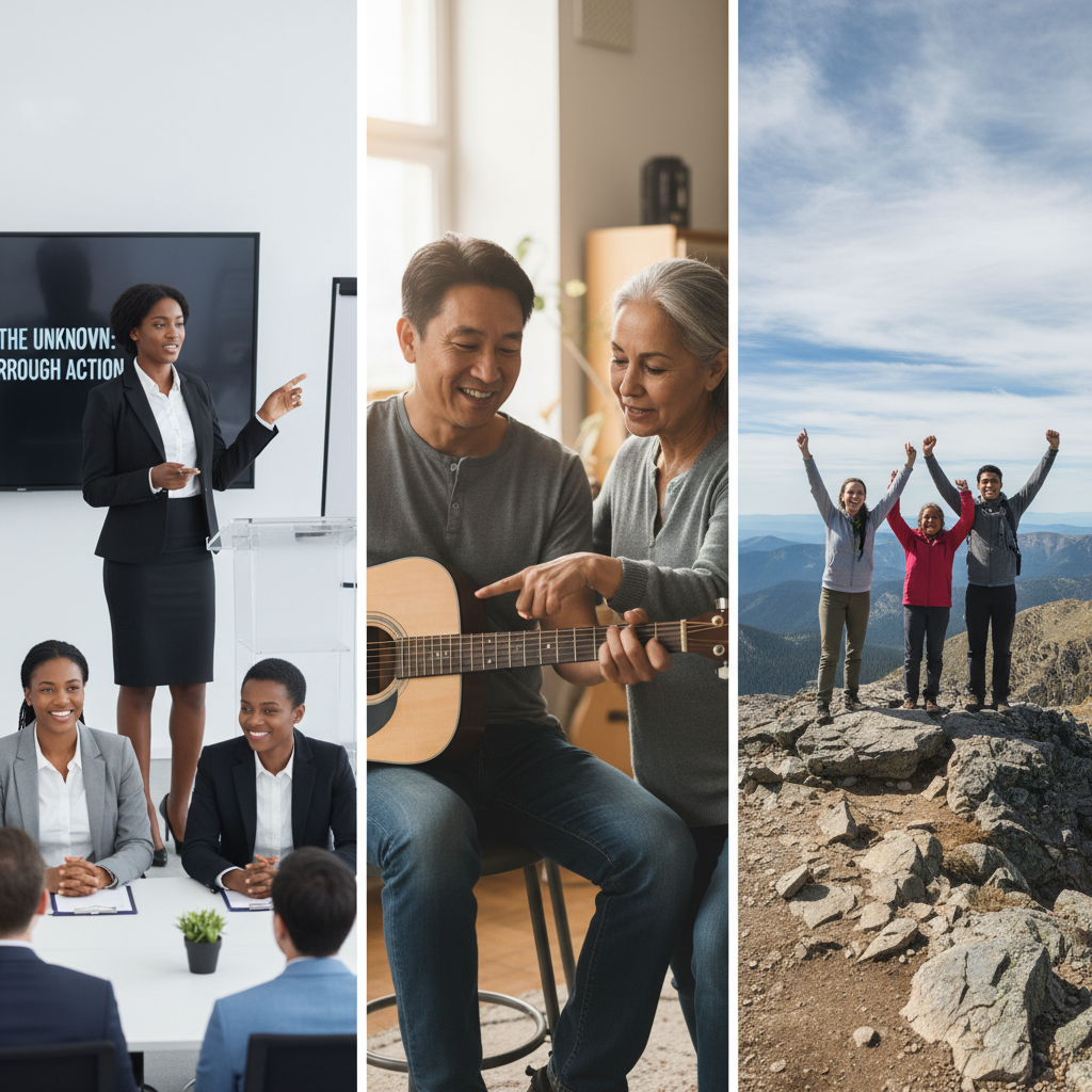 A diverse group of people engaging in various confidence-building activities: one is giving a presentation, another is learning a musical instrument, and a third is successfully completing a challenging hike, showing different ways to step out of comfort zones and build confidence through action.