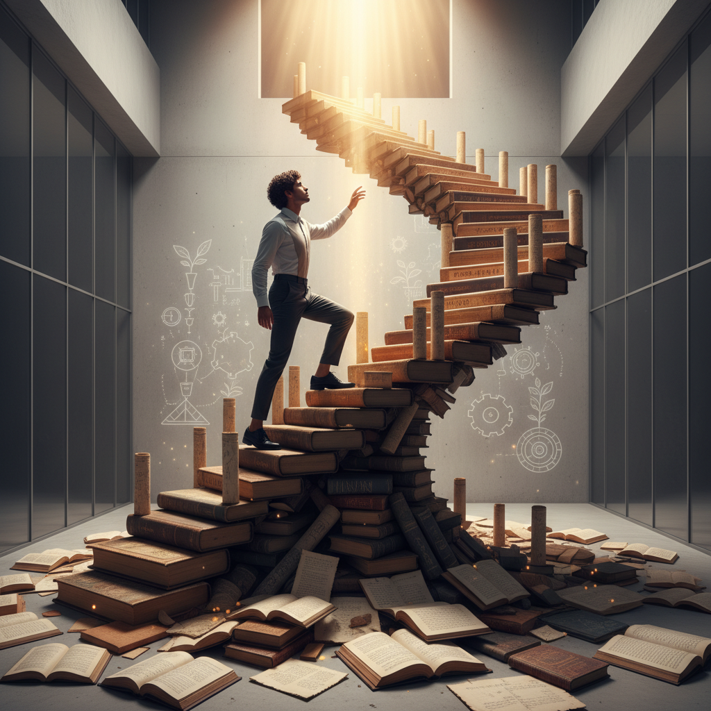 A person ascending a staircase made of books and k