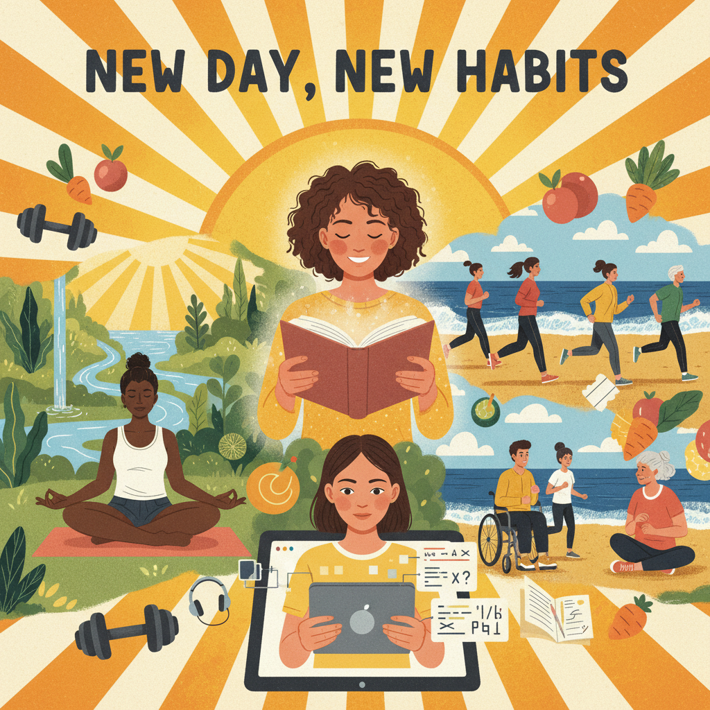 A vibrant collage depicting various daily positive habits, such as reading a book, meditating in a tranquil space, exercising outdoors, and someone learning a new skill on a tablet. The scene is bright and dynamic, with a rising sun in the background symbolizing new beginnings and daily progress, showing a diverse group of people.