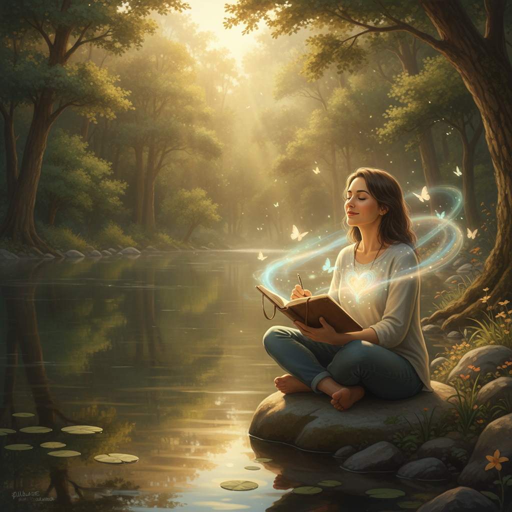 An individual sitting peacefully in a serene natural setting, perhaps by a calm lake or in a lush garden, gently reflecting on their day while holding a journal. Subtle rays of light or a gentle glow surround them, representing mindfulness, self-reflection, and overall mental well-being, evoking a sense of tranquility and inner peace.