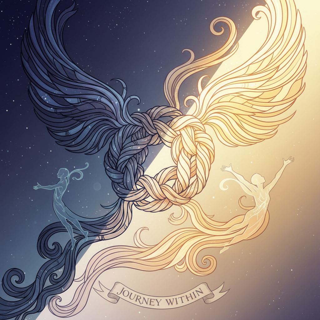 A stylized illustration depicting a tangled, intricate knot slowly unraveling or transforming into a more organized, flowing pattern, representing the process of self-discovery and overcoming internal conflicts, with a mix of light and shadow.