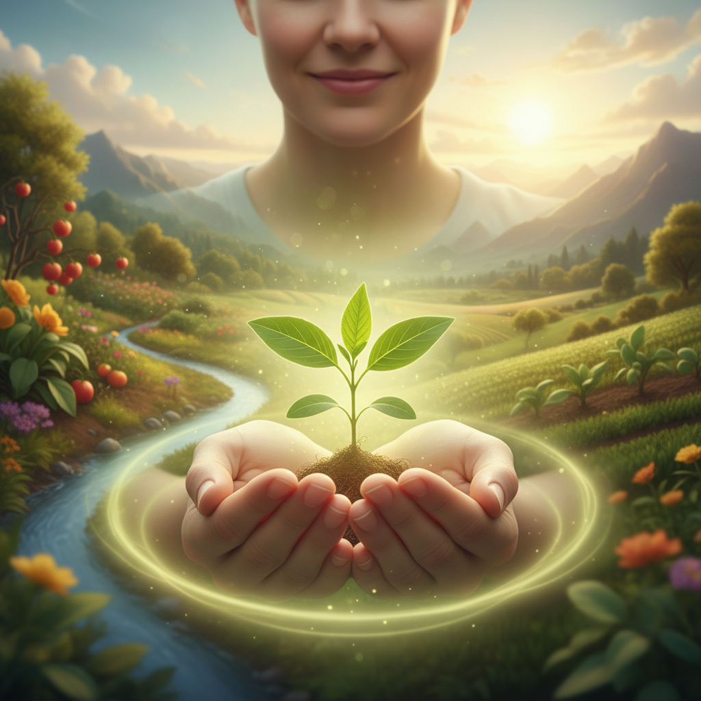 A person holding a small, vibrant plant seedling in their hands, with a warm, caring expression, surrounded by a subtle aura of growth and nourishment. The background shows a gentle, evolving landscape, symbolizing nurturing one's present self while fostering future potential.