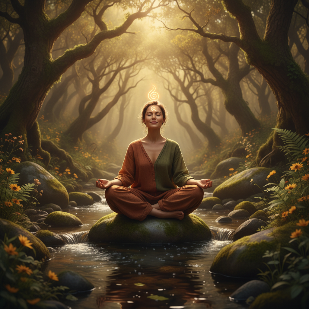 A serene person meditating in a natural setting, b