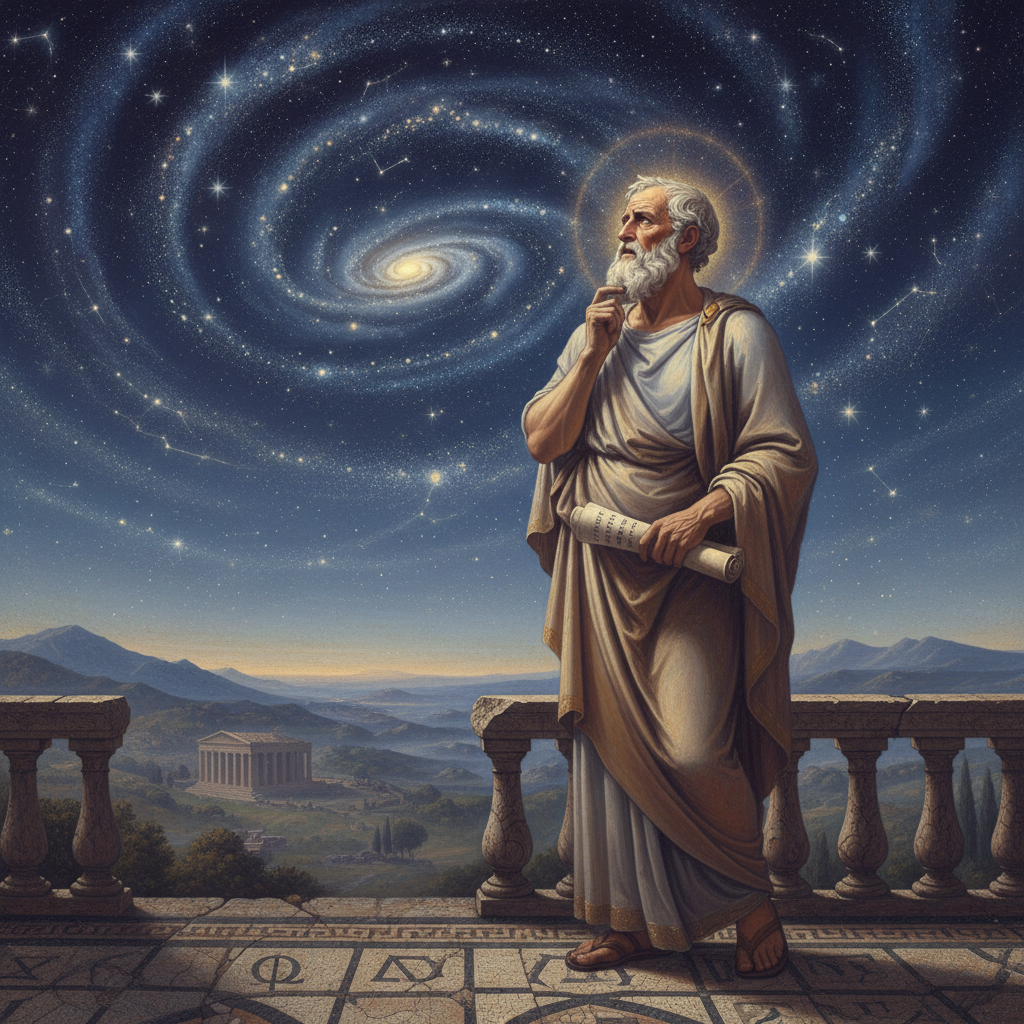 An ancient Greek philosopher (e.g., Socrates or Plato type) gazing thoughtfully at a starry sky, representing deep contemplation and the pursuit of truth and self-knowledge. Classical art style, slightly ethereal.