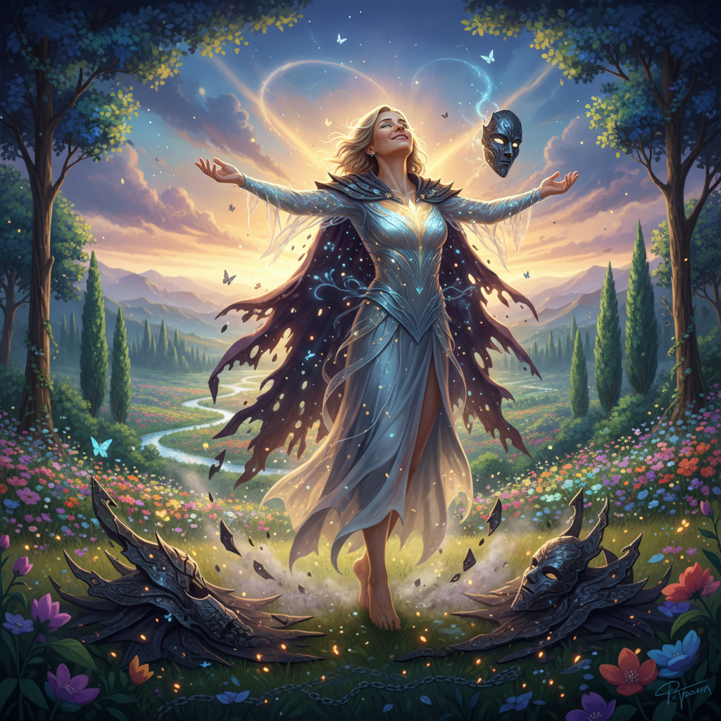 A person shedding a heavy, restrictive cloak or mask, revealing a radiant, authentic self underneath, standing confidently in a vibrant, open landscape. Symbolizes liberation and embracing true identity.