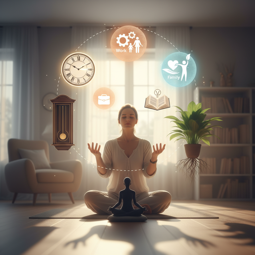 A visual metaphor of a person juggling multiple responsibilities (work, family, health) but doing so with a calm, focused expression, suggesting balance and prioritization rather than frantic effort. Elements like a clock, a plant, a book, and a person meditating could be subtly integrated around them.