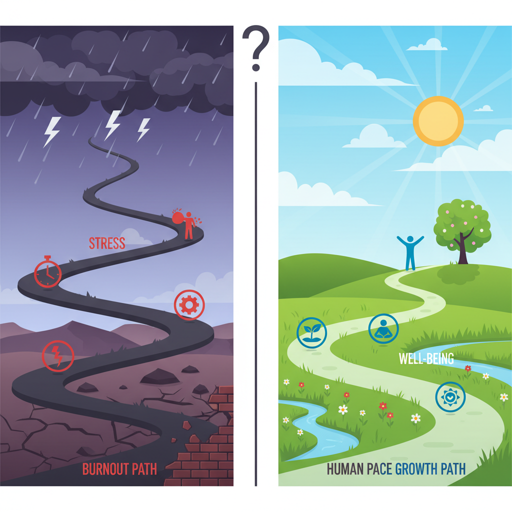 An infographic style image illustrating the contrast between 'burnout path' (steep, winding, dark, leading to a dead end) and 'human pace growth path' (gradual, winding but clear, sunny, leading to a flourishing landscape). Simple icons representing stress vs. well-being along each path.
