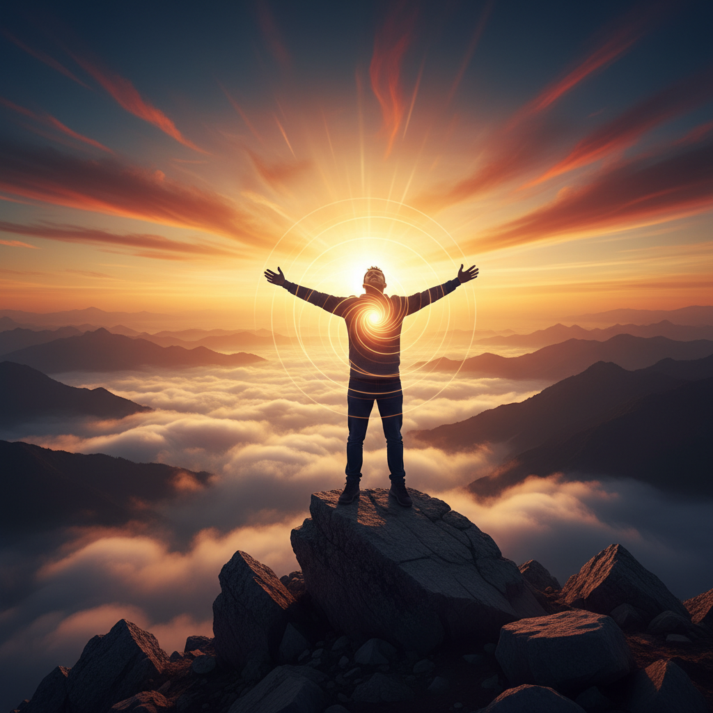 A person standing on a mountain peak, arms outstre