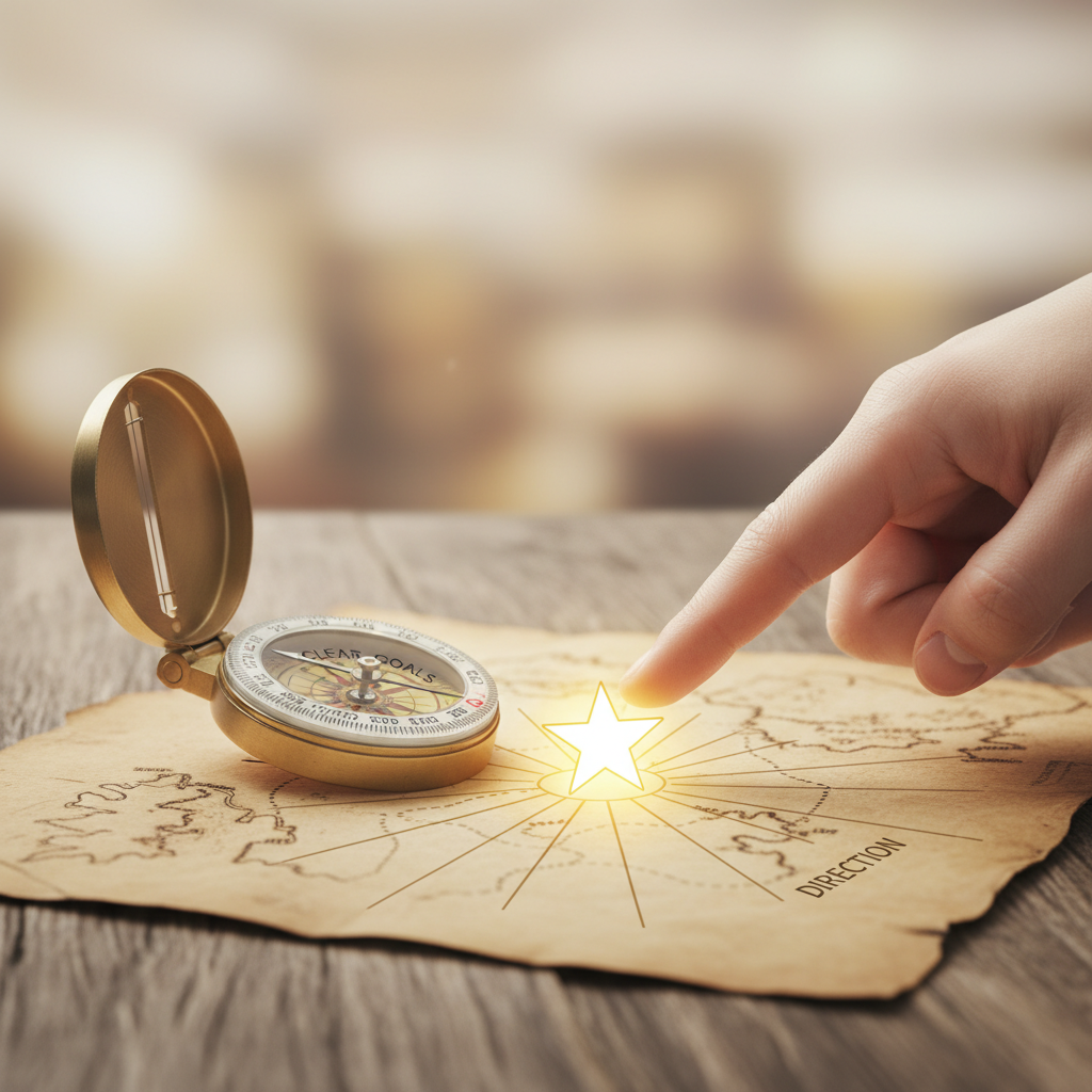 A visual metaphor for setting clear goals: a person pointing a compass towards a shining star on a map, with blurred background, representing focus and direction.