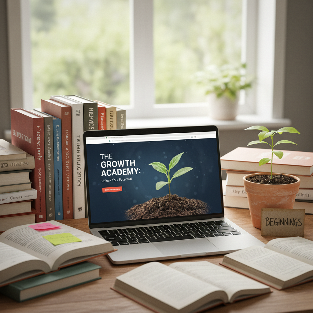 A collection of diverse books, a laptop displaying an new online course, and a plant growing from a seedling, symbolizing continuous learning and personal growth and development.