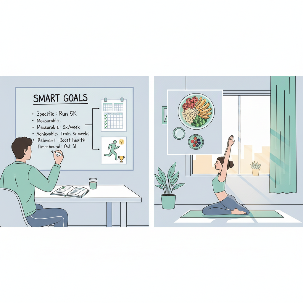 A visual representation of someone setting and achieving SMART goals, perhaps with a whiteboard or journal, showing progress tracking, combined with elements of personal well-being like a balanced diet or light exercise. Modern, clean aesthetic.