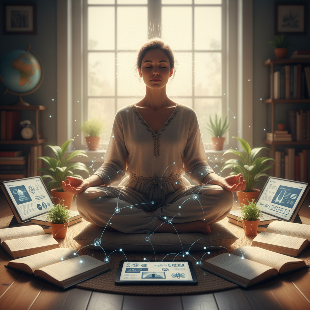A serene image illustrating mindfulness and continuous learning, with a person meditating peacefully amidst open books or digital learning tools, reflecting inner calm and intellectual growth. Soft lighting, calm atmosphere.