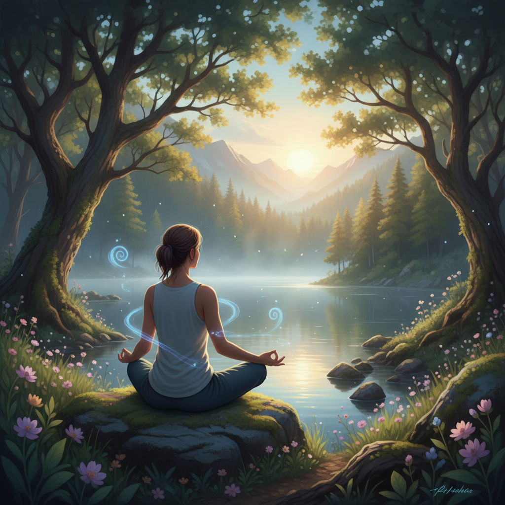 A person meditating calmly in a serene natural setting (e.g., by a lake or in a forest), surrounded by soft sunlight, symbolizing self-awareness and mindfulness. Focus on peace and inner reflection.