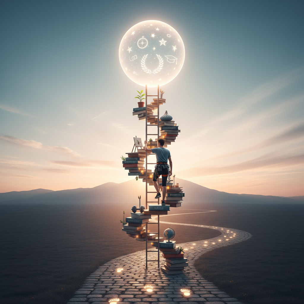 A visual metaphor for setting and achieving goals: a person climbing a ladder made of books and personal growth items, reaching towards a clear, shining goal at the top. The background shows a path leading up to it, symbolizing continuous effort and progress.