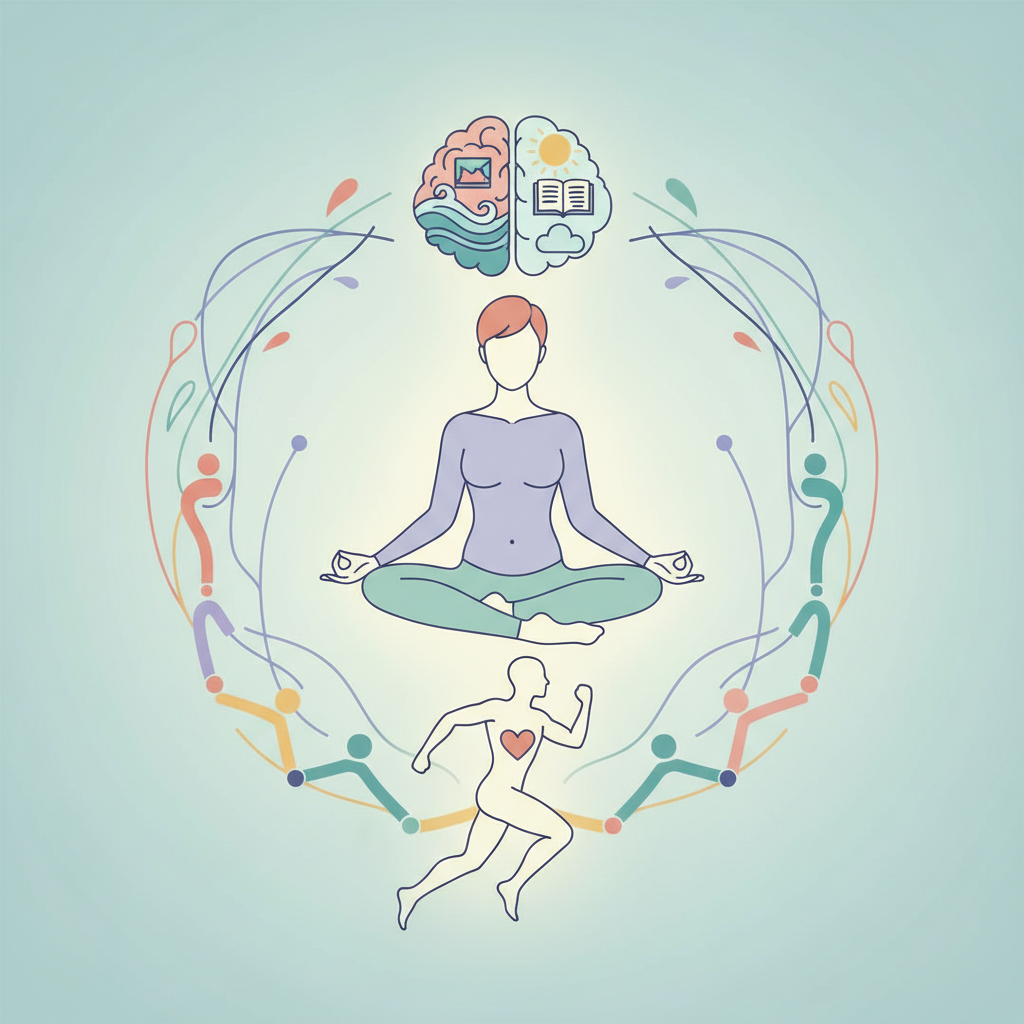 A serene graphic depicting a person meditating peacefully amidst symbols of holistic well-being: a balanced brain (mental health), a strong, active body (physical health), and interconnected lines or subtle figures symbolizing strong social bonds and support. Soft, harmonious colors.
