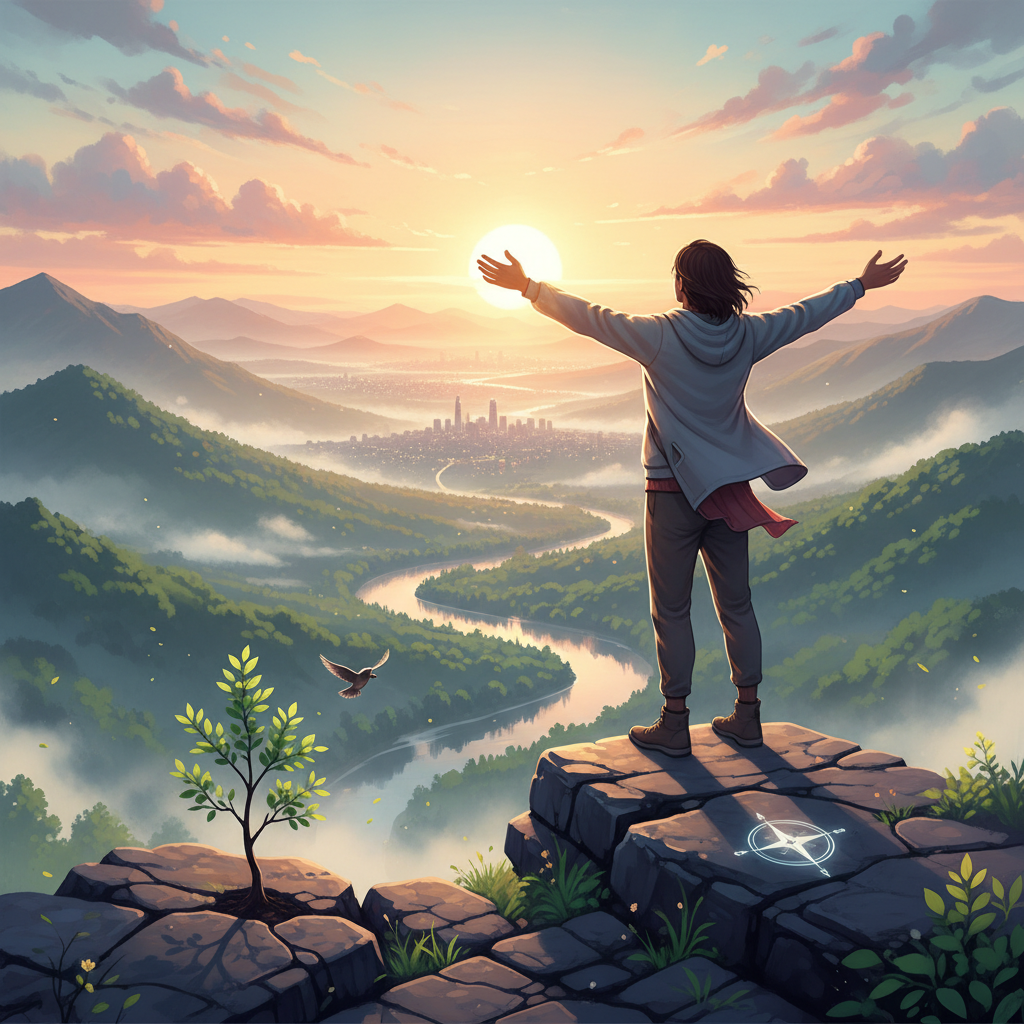 A serene image of a person at sunrise, looking out