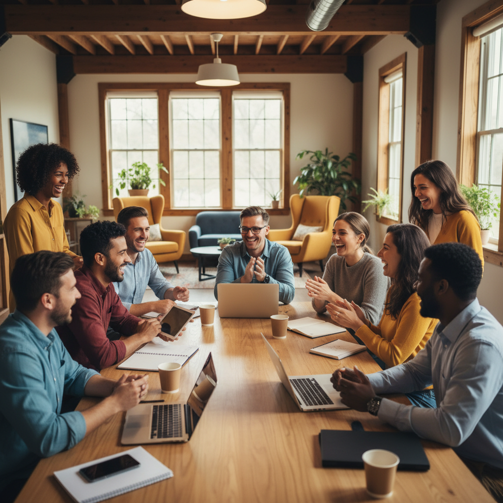 A diverse group of people laughing and collaborating in a bright, modern setting, symbolizing strong community bonds and supportive relationships. Warm, inviting atmosphere.