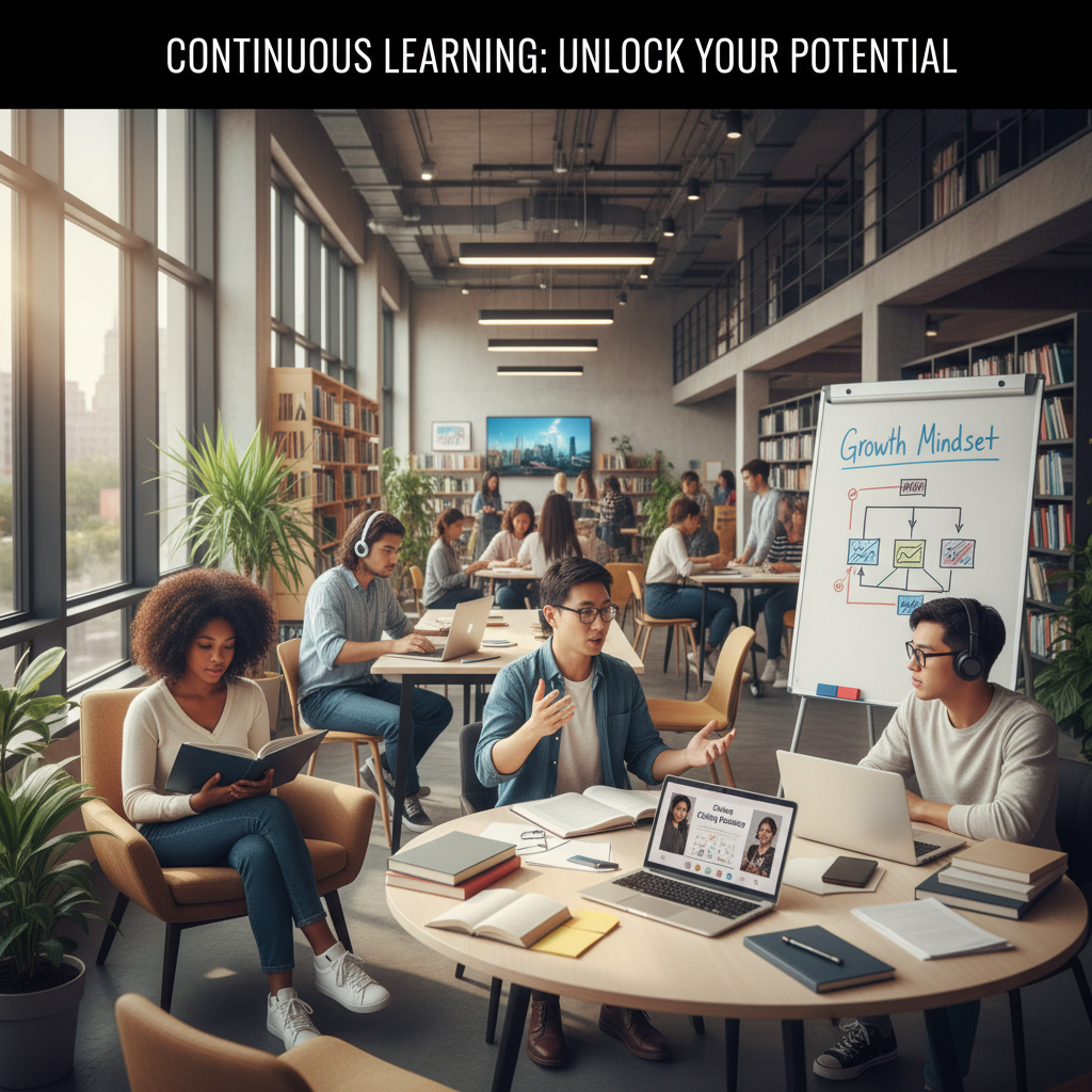 A diverse group of people engaged in various learning activities – reading books, attending a workshop, using a laptop for online courses. The setting is bright and dynamic, illustrating continuous self-improvement and knowledge acquisition.