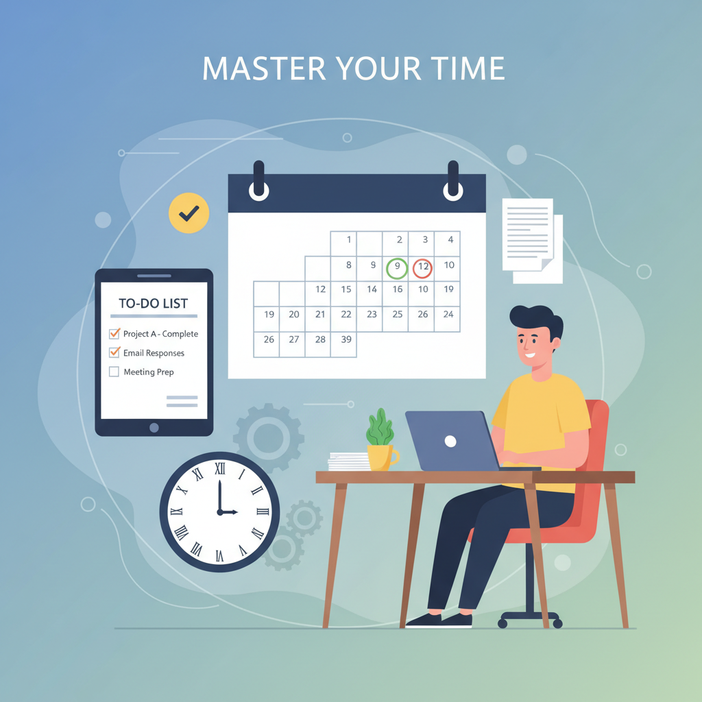 A visually appealing graphic or illustration showing effective time management. Elements include a calendar, a to-do list with checked items, a clock, and a person calmly working at a clean desk. The mood is organized and productive.
