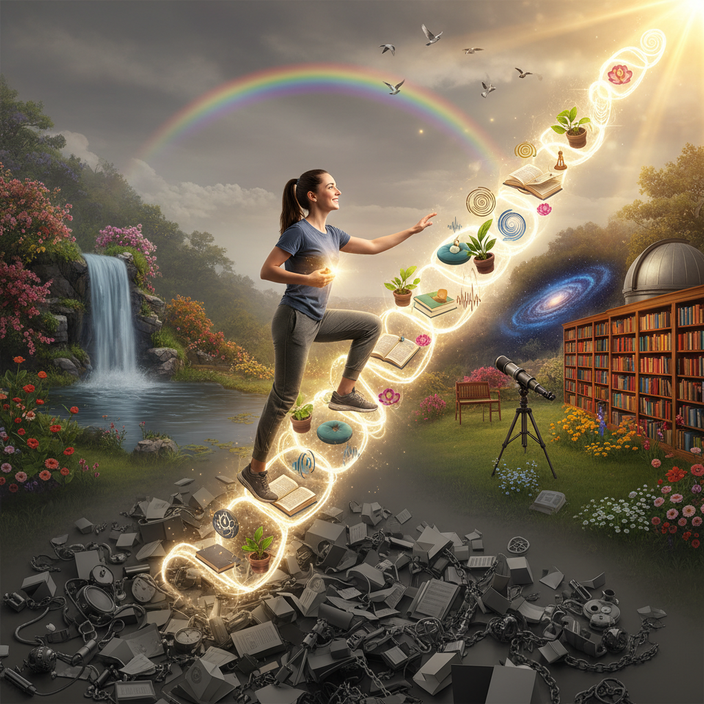 Vibrant image depicting a person climbing a metaph