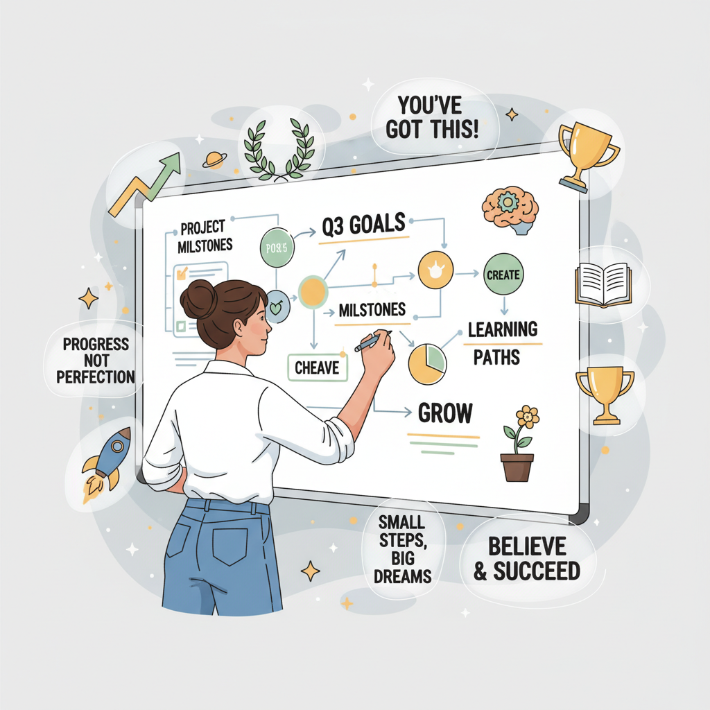 A stylized illustration of a person meticulously planning their goals on a whiteboard or journal, surrounded by positive affirmations and symbols of progress and achievement, conveying focus and determination.