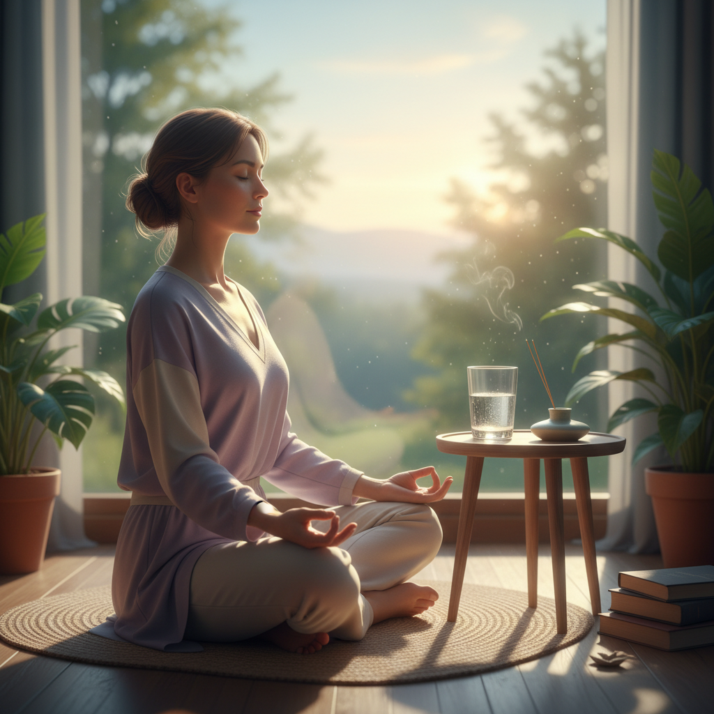 A serene and calm person performing a gentle morning stretch or meditating by a window with natural light, a glass of water nearby, symbolizing a peaceful and mindful start to the day. Soft, inviting colors.